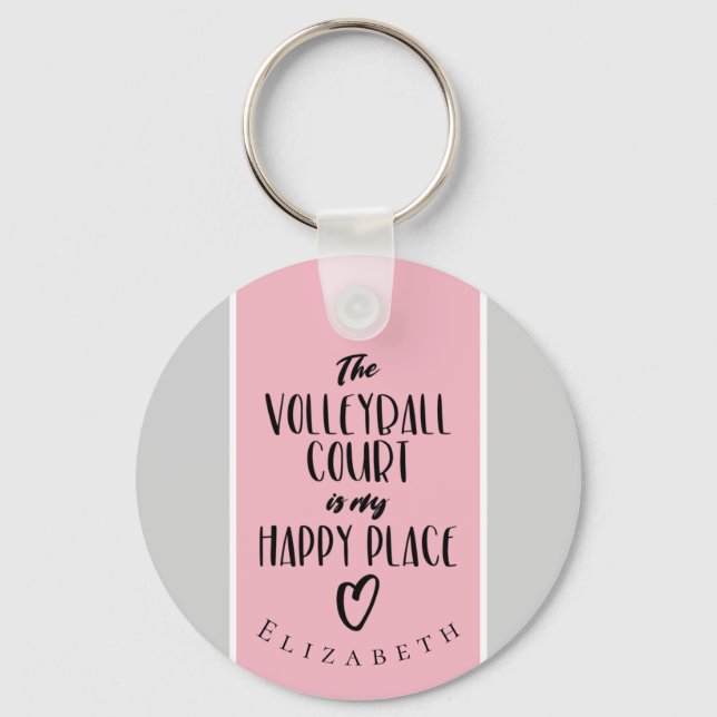 pink grey happy place personalised volleyball key ring (Front)