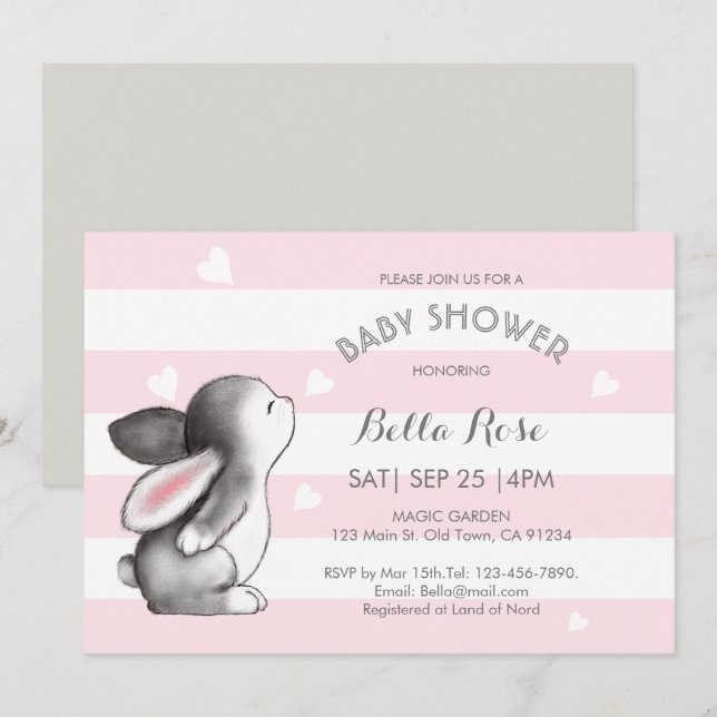 Pink Grey Heart Bunny Baby Shower Invitations (Front/Back)