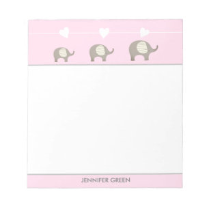 Pink Grey Heart Elephant Personalised Notepad