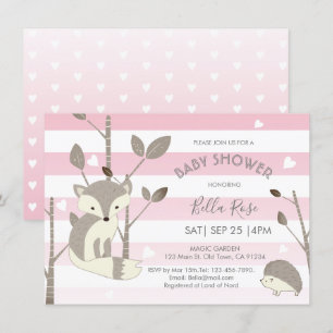 Pink Grey Heart Fox Hedgehog Baby Shower Card