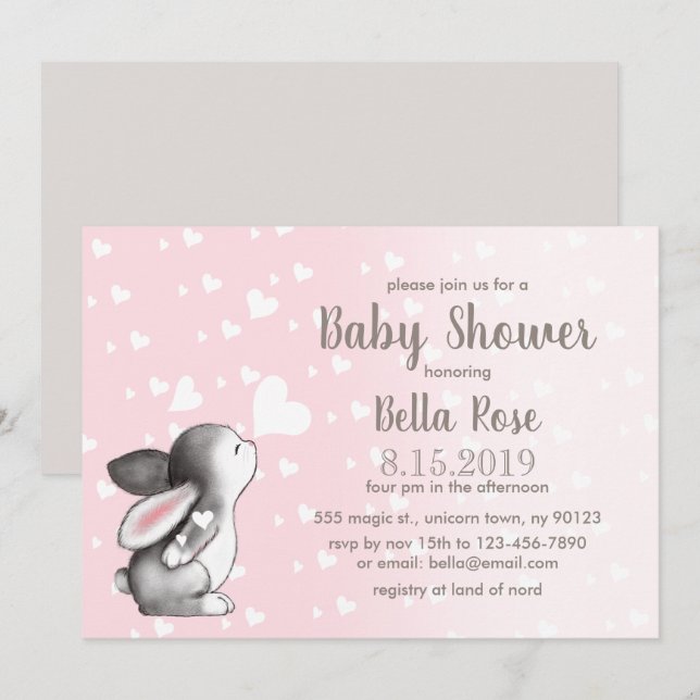 Pink Grey Hearts Bunny Baby Shower Invitations (Front/Back)