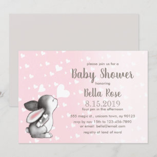 Pink Grey Hearts Bunny Baby Shower Invitations