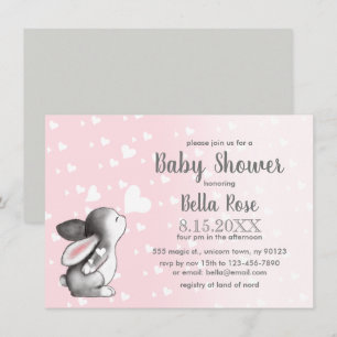 Pink Grey Hearts Bunny Girl Baby Shower Invitation