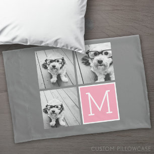 Pink Grey Instagram Photo Collage Custom Monogram Pillowcase