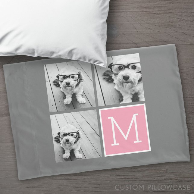 Pink Grey Instagram Photo Collage Custom Monogram Pillowcase (Custom Pillowcase)