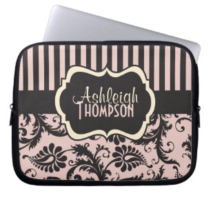 Pink Grey Ivory Polka Dots Striped Laptop Sleeve