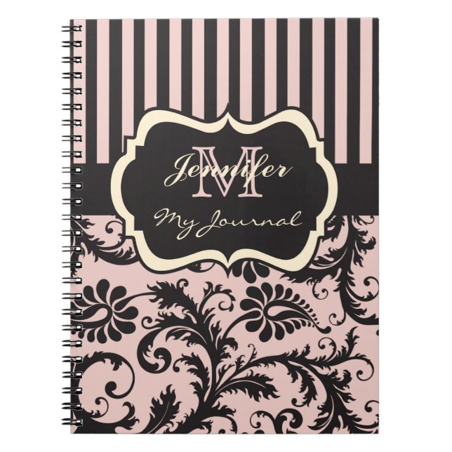 Pink, Grey, Ivory Striped Damask Journal Notebook (Front)