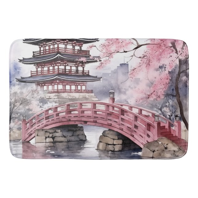Pink Grey Japanese Sakura Blossoms Pagoda Bath Mat (Front)