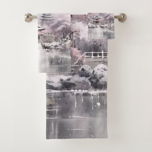 Pink Grey Japanese Sakura Blossoms Pagoda Bath Towel Set (Insitu)