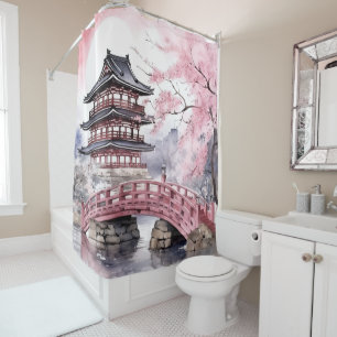 Pink Grey Japanese Sakura Blossoms Pagoda Shower Curtain