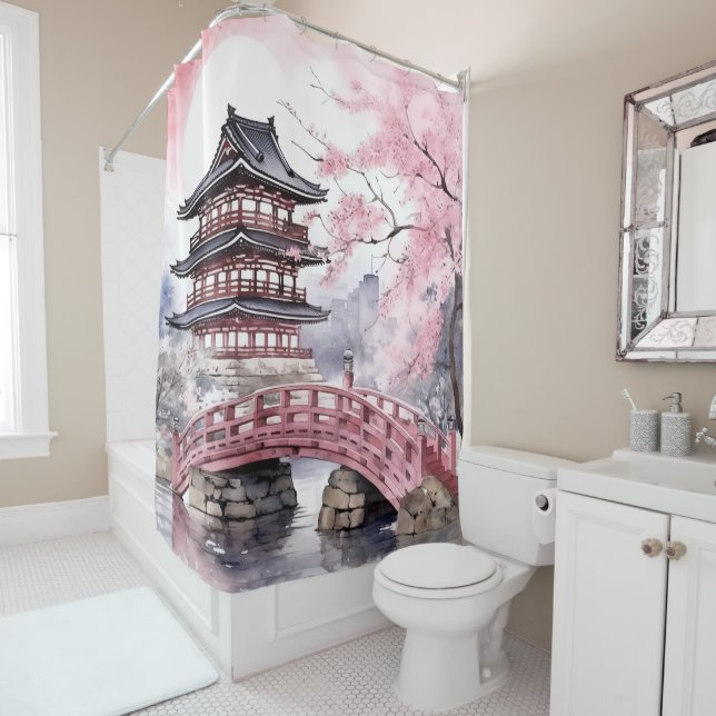Pink Grey Japanese Sakura Blossoms Pagoda Shower Curtain (In Situ)