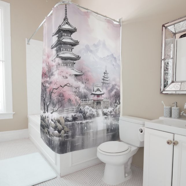 Pink Grey Japanese Sakura Blossoms Pagoda Shower Curtain (In Situ)