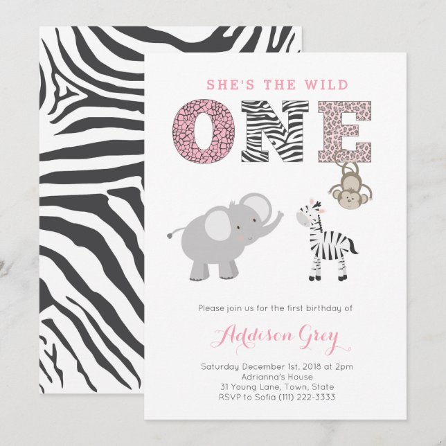 Pink Grey Jungle Safari First Birthday For Girl Invitation (Front/Back)