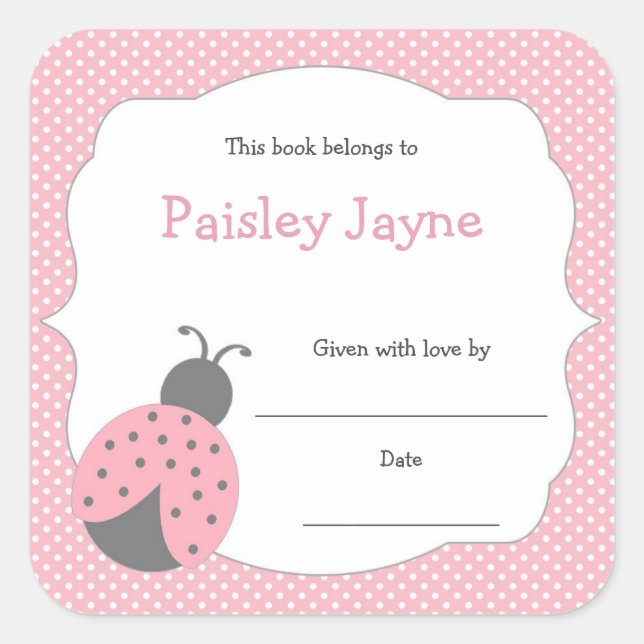Pink Grey Ladybug bookplate / book baby shower Square Sticker (Front)