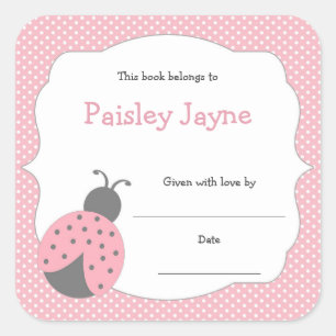 Pink Grey Ladybug bookplate / book baby shower Square Sticker