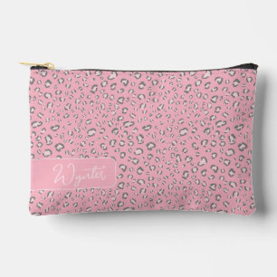 Pink Grey leopard pattern with name Accessory Pouch