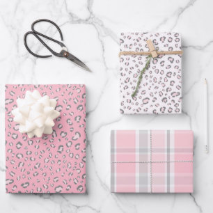 Pink Grey Leopard Spots and Plaid Wrapping Paper Sheet