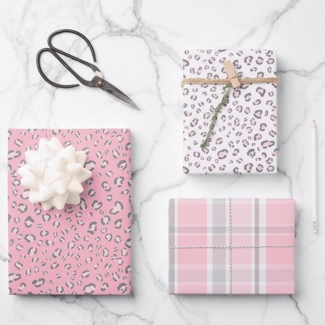Pink Grey Leopard Spots and Plaid Wrapping Paper Sheet (Front)