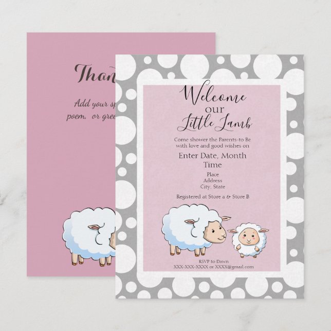 Pink, Grey Little Lamb Baby Girl Shower Supplies Invitation (Front/Back)