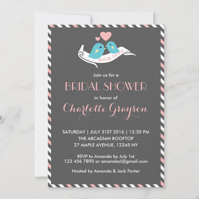 Pink Grey Love Birds Bridal Shower Invitation (Front)