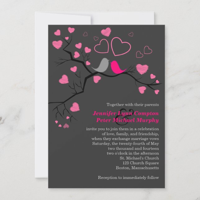 Pink, Grey Lovebirds & Hearts Wedding Invitation (Front)