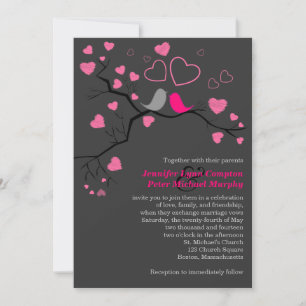 Pink, Grey Lovebirds & Hearts Wedding Invitation
