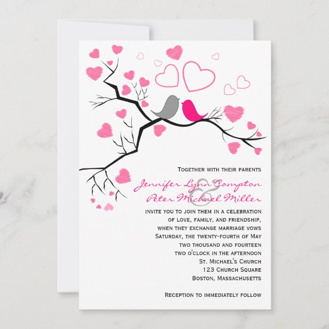 Pink, Grey Lovebirds & Hearts Wedding Invitation (Front)