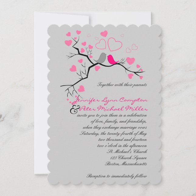Pink, Grey Lovebirds & Hearts Wedding Invitation (Front)