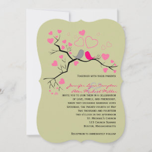 Pink, Grey Lovebirds & Hearts Wedding Invitation