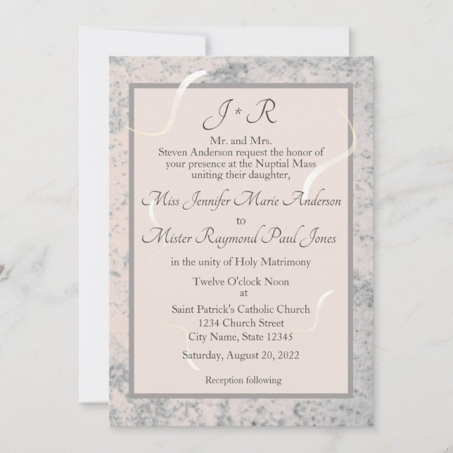 Pink & Grey Marble Monogramed Wedding Invitation (Front)