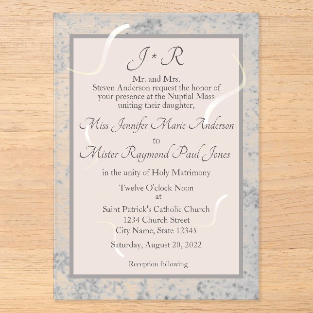 Pink & Grey Marble Monogramed Wedding Invitation (Front)