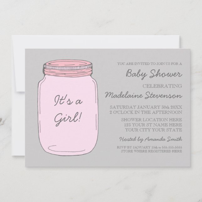 Pink Grey Mason Jar Custom Baby Shower Invitations (Back)
