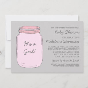 Pink Grey Mason Jar Custom Baby Shower Invitations