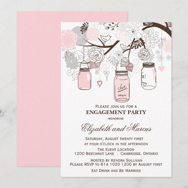 Pink & Grey Mason Jars Engagement Party Invitation (Front/Back)