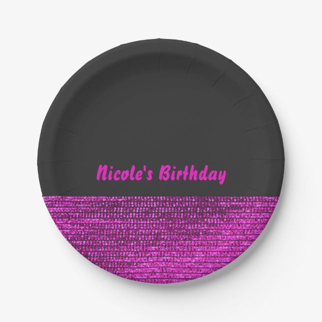 Pink & Grey Modern Glam Sequins Chic Party Paper Plate (Front)