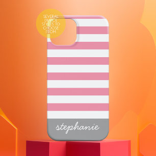 Pink Grey Modern Striped Pattern with Name iPhone 16 Pro Case