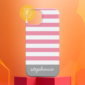 Pink Grey Modern Striped Pattern with Name iPhone 16 Pro Case