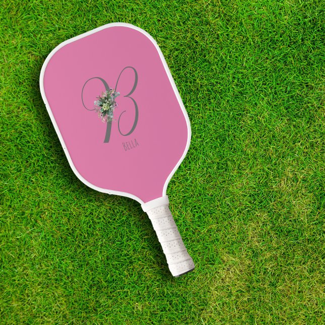 Pink grey monogram flower letter B Pickleball Paddle (Creator Uploaded)