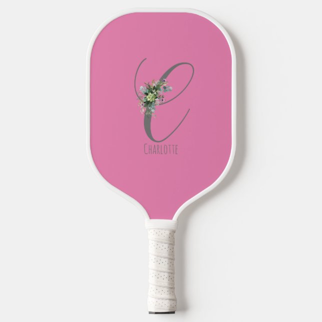 Pink grey monogram flower letter C Pickleball Paddle (Front)