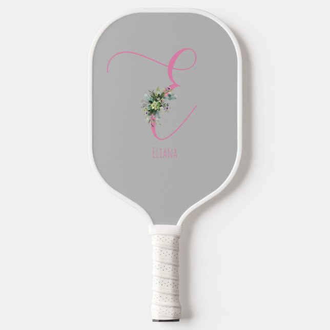 Pink grey monogram watercolor flower grey pickleball paddle (Front)