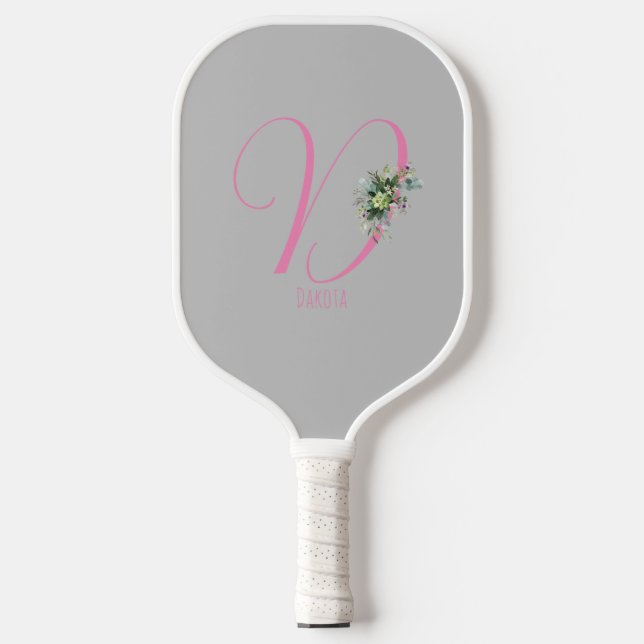Pink grey monogram watercolor flower grey pickleball paddle (Front)