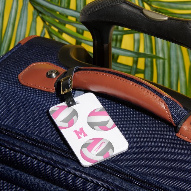 pink grey monogrammed volleyball bag luggage tag (Front Insitu 1)