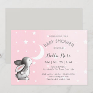 Pink Grey Moon Stars Bunny Baby Shower Invitations