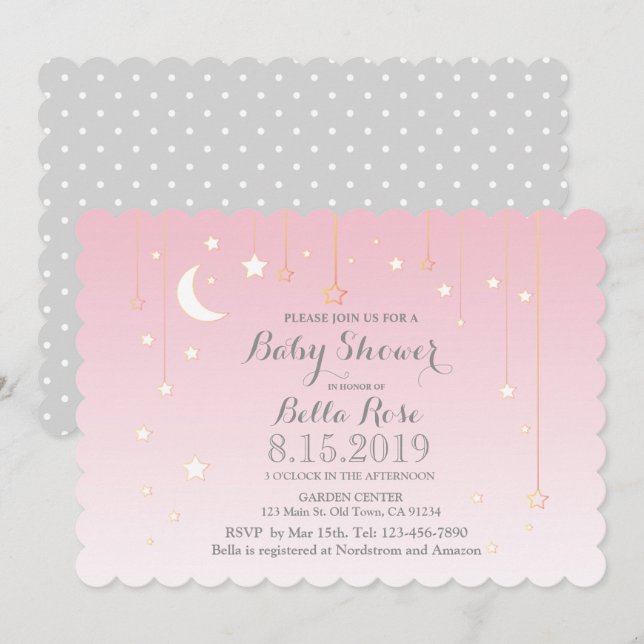 Pink Grey Moon Stars Girl Baby Shower Invite (Front/Back)
