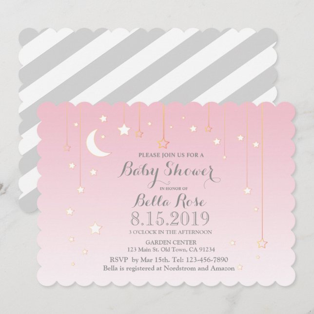 Pink Grey Moon Stars Girl Baby Shower Invite (Front/Back)