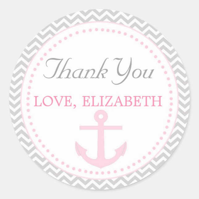 Pink Grey Nautical Anchor Round Thank You Sticker (Front)