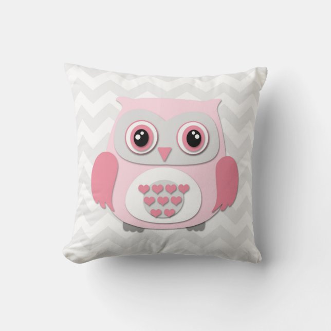 Pink Grey Owl Nursery Throw Pillow (Front)