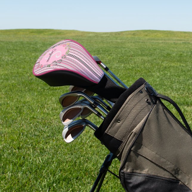 Pink & Grey Pattern Stripes, Flowers, Personalised Golf Head Cover (In Situ)
