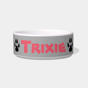 Pink Grey Paw Prints Personalised Dog Bowl