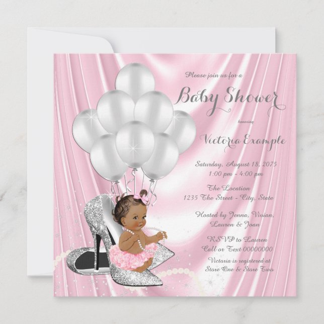 Pink Grey Pearl High Heel Ethnic Baby Shower Invitation (Front)